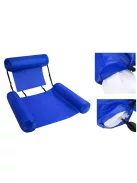 Kényelmes felfújható medenceszék hálós ülőfelülettel és fejtámlával, kék-fehér vízi nyugágy strandra