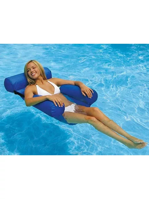 Kényelmes felfújható medenceszék hálós ülőfelülettel és fejtámlával, kék-fehér vízi nyugágy strandra