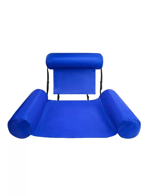 Kényelmes felfújható medenceszék hálós ülőfelülettel és fejtámlával, kék-fehér vízi nyugágy strandra