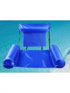 Kényelmes felfújható medenceszék hálós ülőfelülettel és fejtámlával, kék-fehér vízi nyugágy strandra