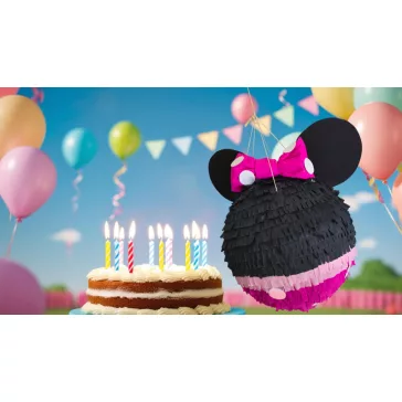 Pinyata Minnie édességekkel töltve egy vidám születésnapi bulin.