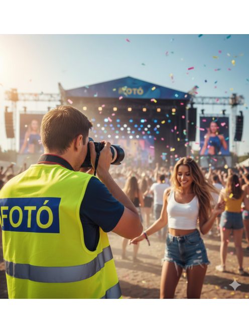 Láthatósági mellény FOTÓ és PHOTO felirattal, sárga fényvisszaverő fotós mellény, eseményfotós azonosító felszerelés,