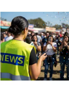 Láthatósági mellény NEWS felirattal, sárga biztonsági mellény híradósoknak, fényvisszaverő sajtó mellény, nemzetközi tudósító felszerelés