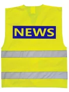 Láthatósági mellény NEWS felirattal, sárga biztonsági mellény híradósoknak, fényvisszaverő sajtó mellény, nemzetközi tudósító felszerelés