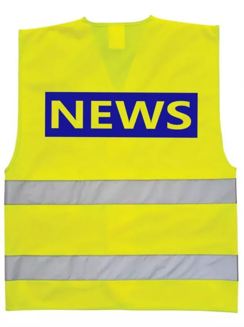 Láthatósági mellény NEWS felirattal, sárga biztonsági mellény híradósoknak, fényvisszaverő sajtó mellény, nemzetközi tudósító felszerelés