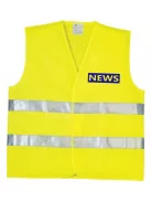 Láthatósági mellény NEWS felirattal, sárga biztonsági mellény híradósoknak, fényvisszaverő sajtó mellény, nemzetközi tudósító felszerelés