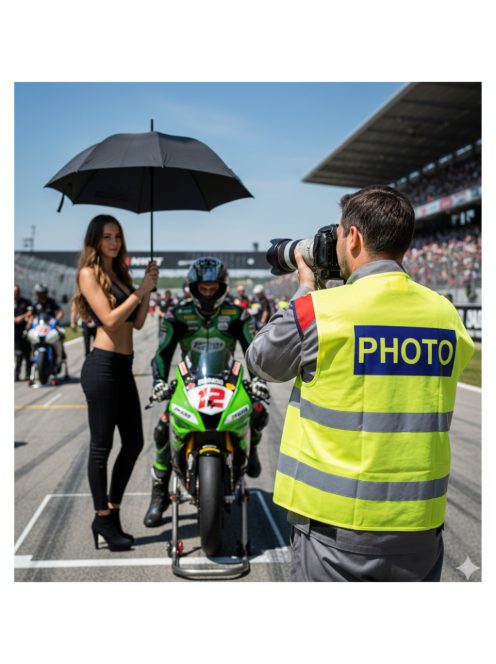 Láthatósági mellény FOTÓ és PHOTO felirattal, sárga fényvisszaverő fotós mellény, eseményfotós azonosító felszerelés,