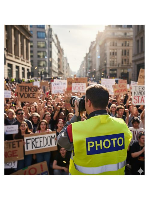 Láthatósági mellény FOTÓ és PHOTO felirattal, sárga fényvisszaverő fotós mellény, eseményfotós azonosító felszerelés,