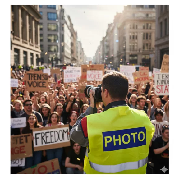 Láthatósági mellény FOTÓ és PHOTO felirattal, sárga fényvisszaverő fotós mellény, eseményfotós azonosító felszerelés,