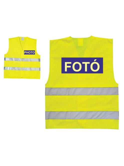Láthatósági mellény FOTÓ és PHOTO felirattal, sárga fényvisszaverő fotós mellény, eseményfotós azonosító felszerelés,
