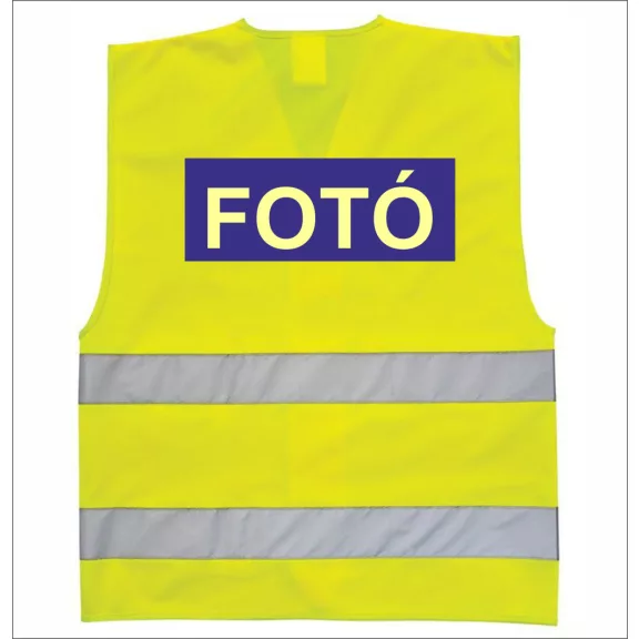 Láthatósági mellény FOTÓ és PHOTO felirattal, sárga fényvisszaverő fotós mellény, eseményfotós azonosító felszerelés,