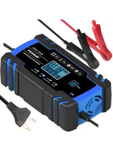 Intelligens automata akkumulátor töltő 12V 24V, mikroprocesszoros, akkumulátor javító funkció, deszulfátálás, AGM GEL támogatás, LCD kijelző