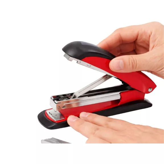 Masszív fém irodai tűzőgép ergonomikus kialakítással piros-fekete színben
