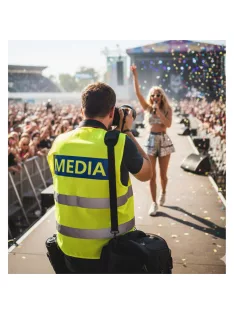 Média feliratú biztonsági mellény, neon sárga láthatósági mellény fényvisszaverő csíkokkal, sajtó és fotós azonosító mellény.