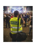 Média feliratú biztonsági mellény, neon sárga láthatósági mellény fényvisszaverő csíkokkal, sajtó és fotós azonosító mellény.