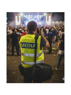 Média feliratú biztonsági mellény, neon sárga láthatósági mellény fényvisszaverő csíkokkal, sajtó és fotós azonosító mellény.