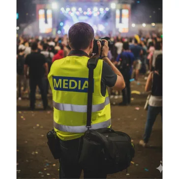 Média feliratú biztonsági mellény, neon sárga láthatósági mellény fényvisszaverő csíkokkal, sajtó és fotós azonosító mellény.