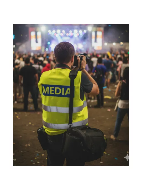 Média feliratú biztonsági mellény, neon sárga láthatósági mellény fényvisszaverő csíkokkal, sajtó és fotós azonosító mellény.