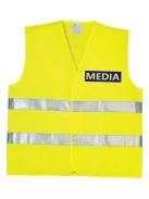 Média feliratú biztonsági mellény, neon sárga láthatósági mellény fényvisszaverő csíkokkal, sajtó és fotós azonosító mellény.