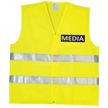 Média feliratú biztonsági mellény, neon sárga láthatósági mellény fényvisszaverő csíkokkal, sajtó és fotós azonosító mellény.
