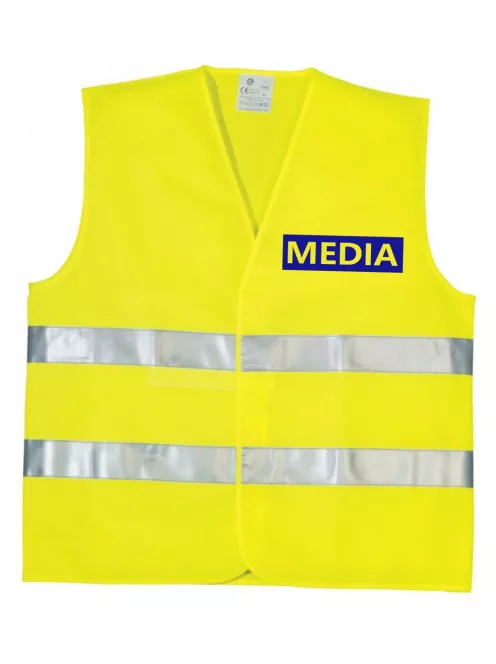 Média feliratú biztonsági mellény, neon sárga láthatósági mellény fényvisszaverő csíkokkal, sajtó és fotós azonosító mellény.