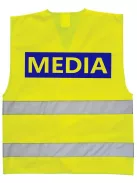 Média feliratú biztonsági mellény, neon sárga láthatósági mellény fényvisszaverő csíkokkal, sajtó és fotós azonosító mellény.