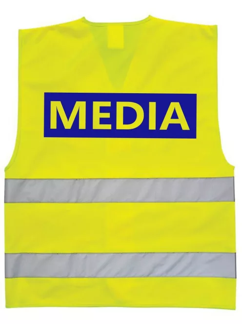 Média feliratú biztonsági mellény, neon sárga láthatósági mellény fényvisszaverő csíkokkal, sajtó és fotós azonosító mellény.