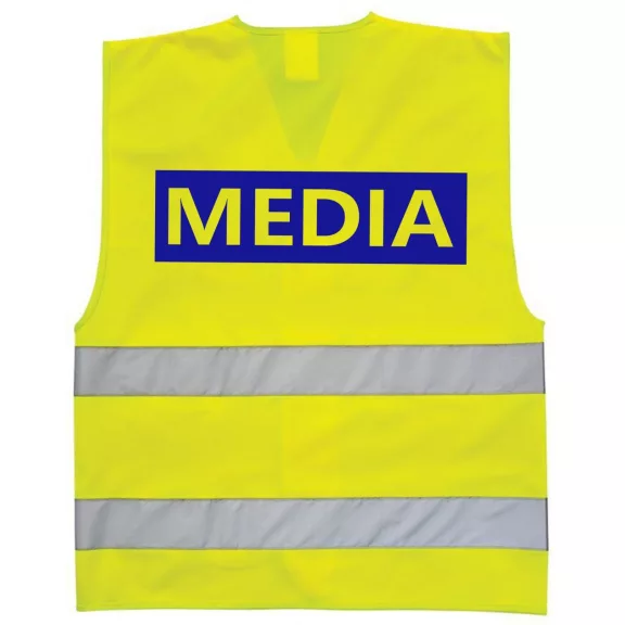 Média feliratú biztonsági mellény, neon sárga láthatósági mellény fényvisszaverő csíkokkal, sajtó és fotós azonosító mellény.