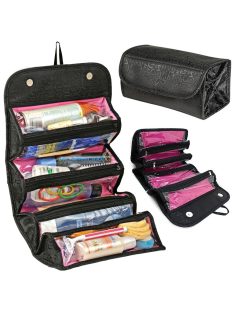 Fekete feltekerhető utazó kozmetikai táska Roll N Go Organizer, 4 cipzáras zsebbel, fogantyúval, kinyitva és összecsukva