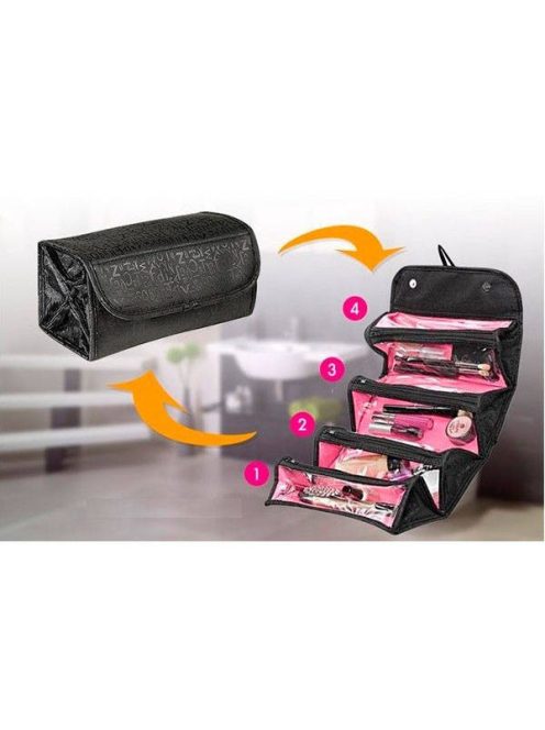 Fekete feltekerhető utazó kozmetikai táska Roll N Go Organizer, 4 cipzáras zsebbel, fogantyúval, kinyitva és összecsukva