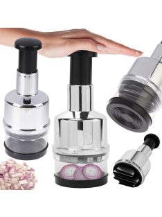 Kézi nyomókaros aprító 6 pengével fokhagymához, hagymához és zöldségekhez, tartállyal.