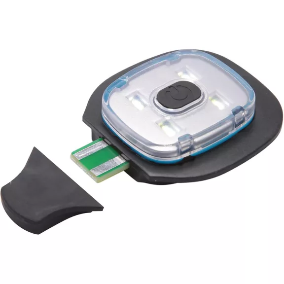Fekete színű kötött téli sapka homlokrészébe épített, levehető és USB-ről tölthető téglalap alakú LED lámpával