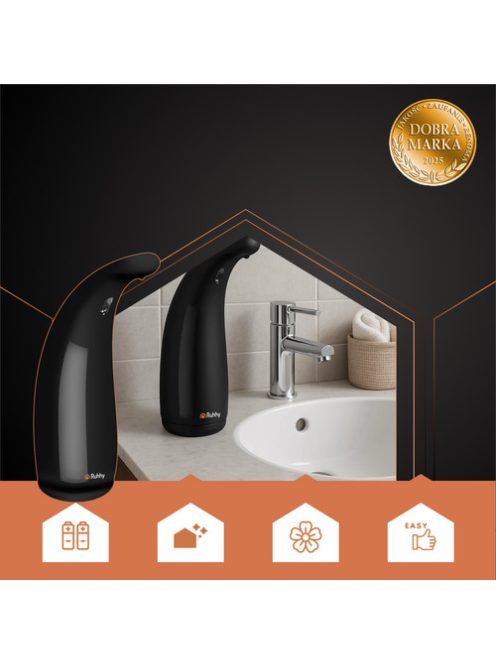 Ruhhy fekete színű, érintésmentes (szenzoros) automata szappanadagoló 300ml-es tartállyal, modern fürdőszobákba és konyhákba
