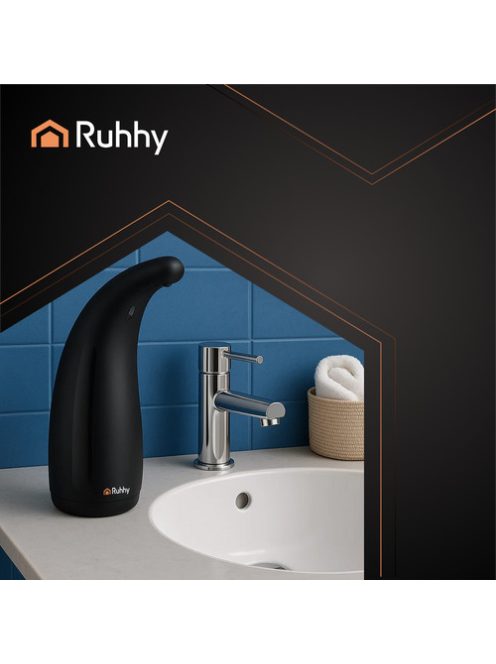 Ruhhy fekete színű, érintésmentes (szenzoros) automata szappanadagoló 300ml-es tartállyal, modern fürdőszobákba és konyhákba