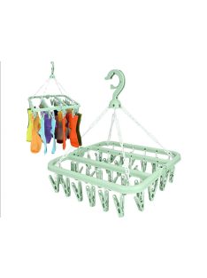 Zokni-, alsónemű- és ruhaszárító akasztó, 32 darabos csipesszel, helytakarékos és praktikus