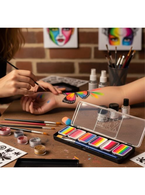 Diamond FX GLOW Touch of Neon csíkos arcfesték paletta 6x6g, professzionális "one stroke" festék UV-aktív neon árnyalatokkal, bőrbarát, blacklight partyra