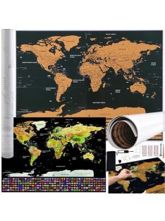 Malatec luxus kaparós világtérkép arany réteggel, országzászlókkal, kaparó eszközzel, nagyítóval, matricákkal és tokkal, komplett utazási szett