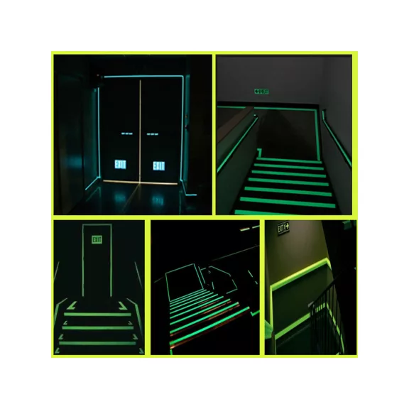 2 cm széles fluoreszkáló szalag, sötétben világító öntapadós vinil fólia 3 méter hosszban, menekülési útvonal jelöléséhez