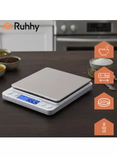 Ruhhy precíziós grammmérleg 2 kg-ig, 0,1 g pontossággal, rozsdamentes acél felülettel és 2 db mérőtállal