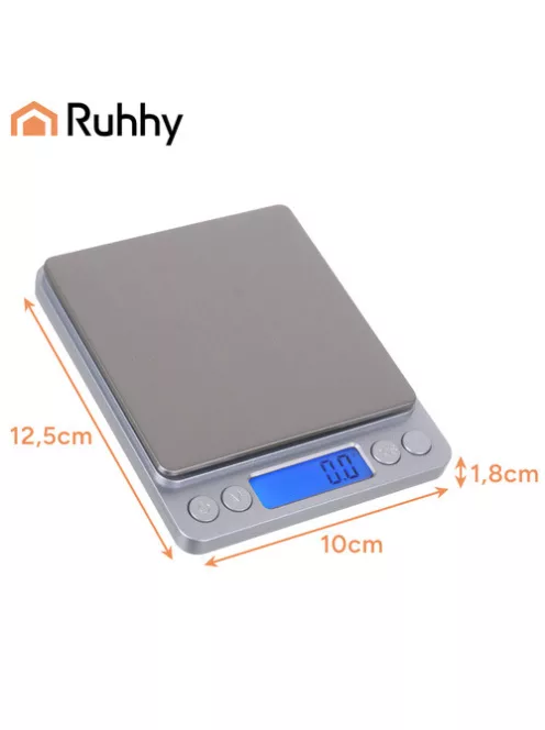 Ruhhy precíziós grammmérleg 2 kg-ig, 0,1 g pontossággal, rozsdamentes acél felülettel és 2 db mérőtállal