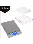Ruhhy precíziós grammmérleg 2 kg-ig, 0,1 g pontossággal, rozsdamentes acél felülettel és 2 db mérőtállal