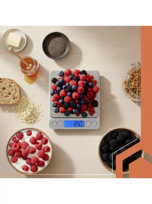 Ruhhy precíziós grammmérleg 2 kg-ig, 0,1 g pontossággal, rozsdamentes acél felülettel és 2 db mérőtállal