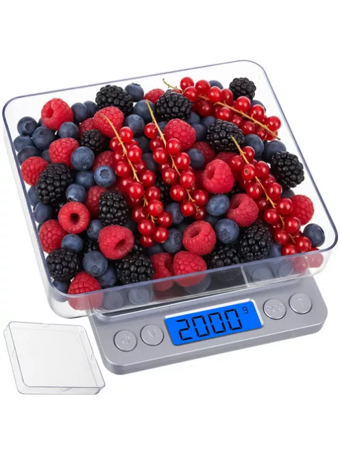 Ruhhy precíziós grammmérleg 2 kg-ig, 0,1 g pontossággal, rozsdamentes acél felülettel és 2 db mérőtállal