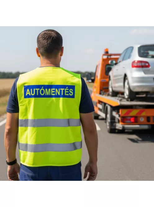 Autómentés feliratú láthatósági mellény, neon sárga fényvisszaverő biztonsági mellény, autómentő munkavédelmi felszerelés