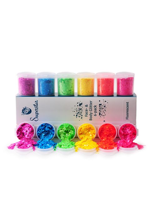 Superstar 6 darabos nagyszemcsés kozmetikai csillám szett Fluoreszkáló színekben (UV-aktív, neon), arcra, testre, hajra, blacklight partyra és fesztivál sminkhez