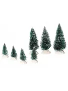 3 darabos zöld mini műfenyő készlet 6 cm, 9 cm és 12 cm magasságban