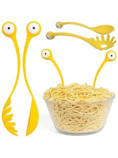 2 db-os sárga rák formájú tésztakanál szett - merőkanál és spagetti szedőkanál műanyagból, tapadásmentes edényekhez.