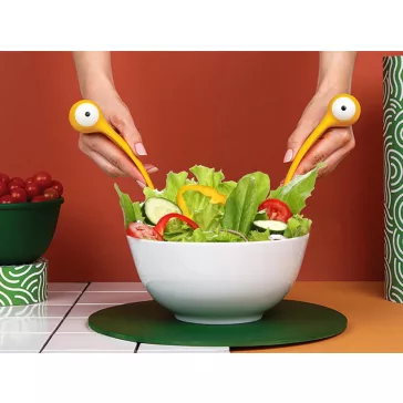 2 db-os sárga rák formájú tésztakanál szett - merőkanál és spagetti szedőkanál műanyagból, tapadásmentes edényekhez.