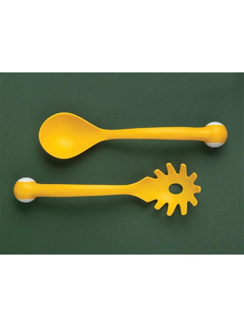 2 db-os sárga rák formájú tésztakanál szett - merőkanál és spagetti szedőkanál műanyagból, tapadásmentes edényekhez.