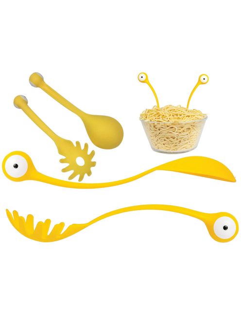 2 db-os sárga rák formájú tésztakanál szett - merőkanál és spagetti szedőkanál műanyagból, tapadásmentes edényekhez.